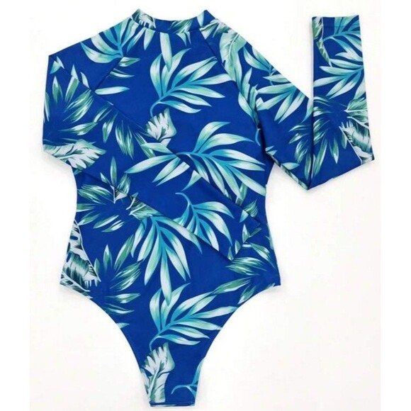 Shein Swim Tropical Print Zipper Front High Neck One Piece Blue swimsuit Size S - Picture 7 of 12